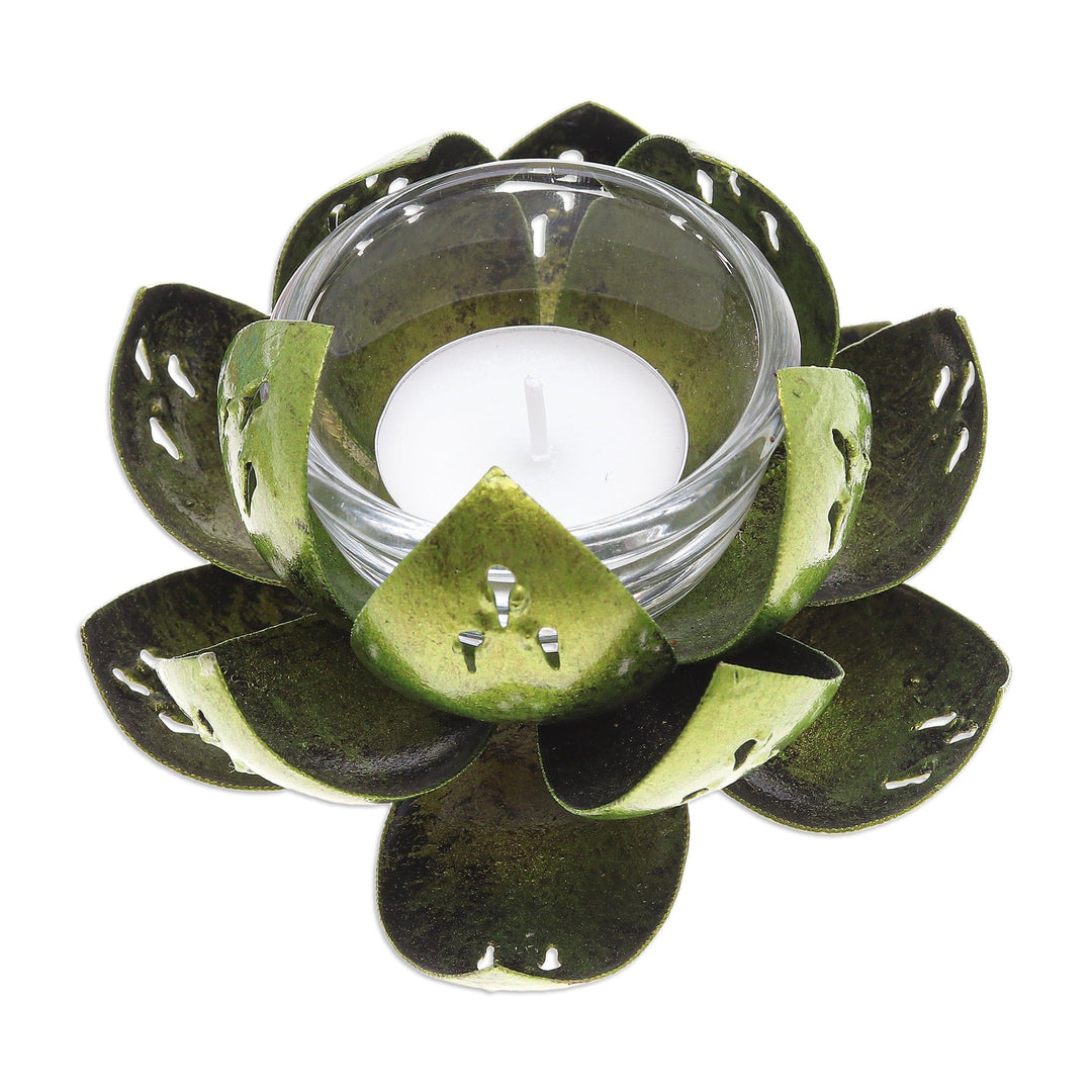 Handcrafted Light Green Steel Lotus Flower Tealight Holder - Precious Lotus in Light Green