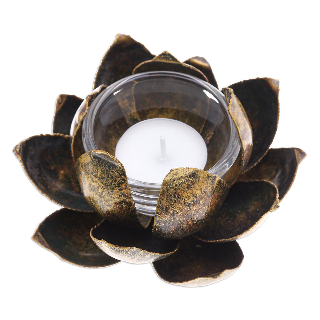 Handmade Antique Finished Steel Lotus Flower Tealight Holder - Precious Lotus in Gold
