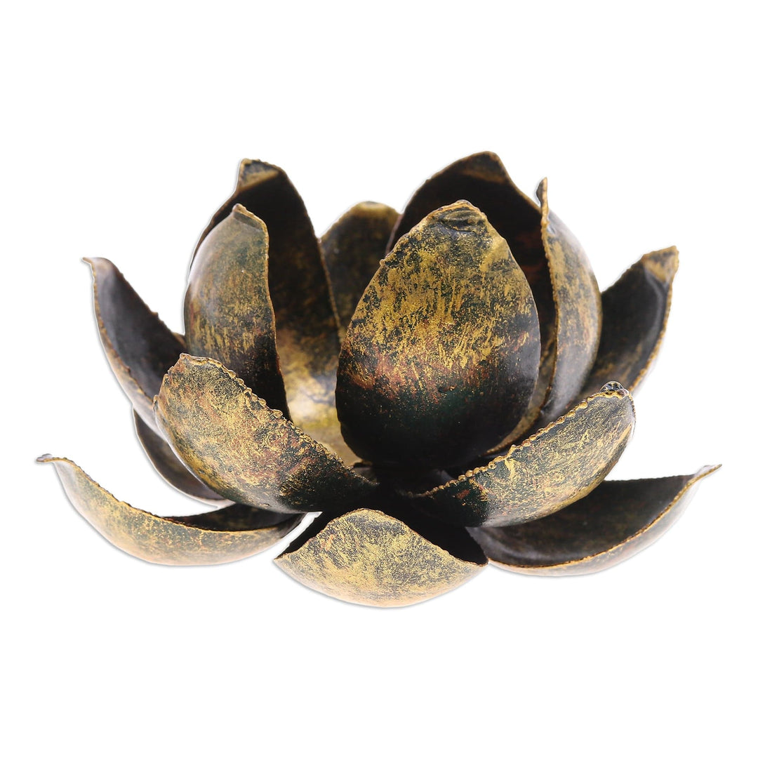 Handmade Antique Finished Steel Lotus Flower Tealight Holder - Precious Lotus in Gold