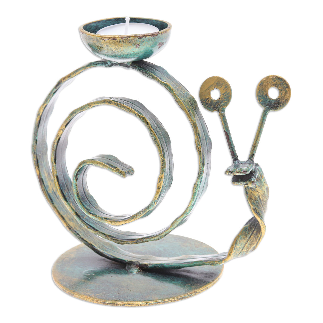 Handcrafted Iron Snail Tealight Holder with Antique Finish - Happy Snail in Green