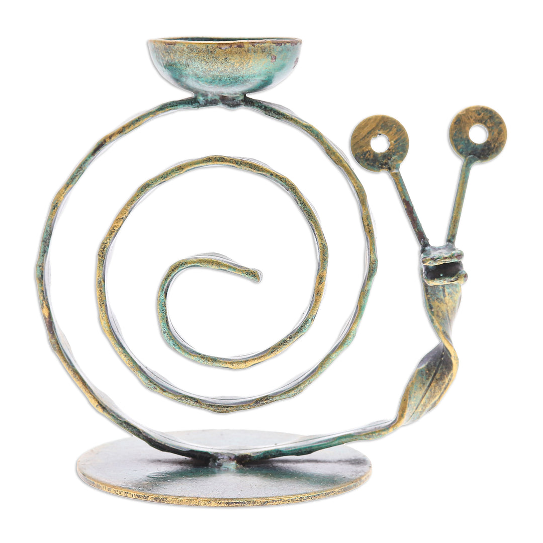 Handcrafted Iron Snail Tealight Holder with Antique Finish - Happy Snail in Green