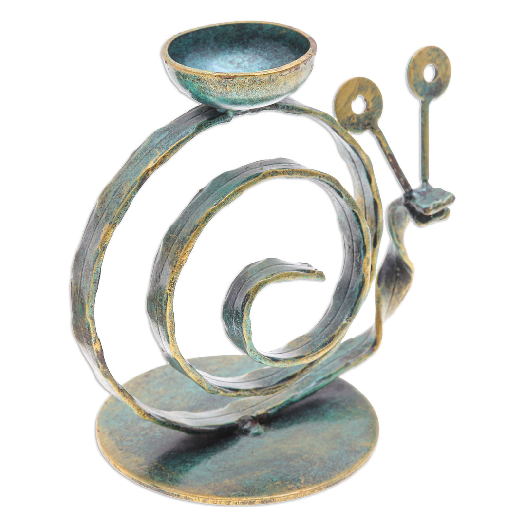 Handcrafted Iron Snail Tealight Holder with Antique Finish - Happy Snail in Green