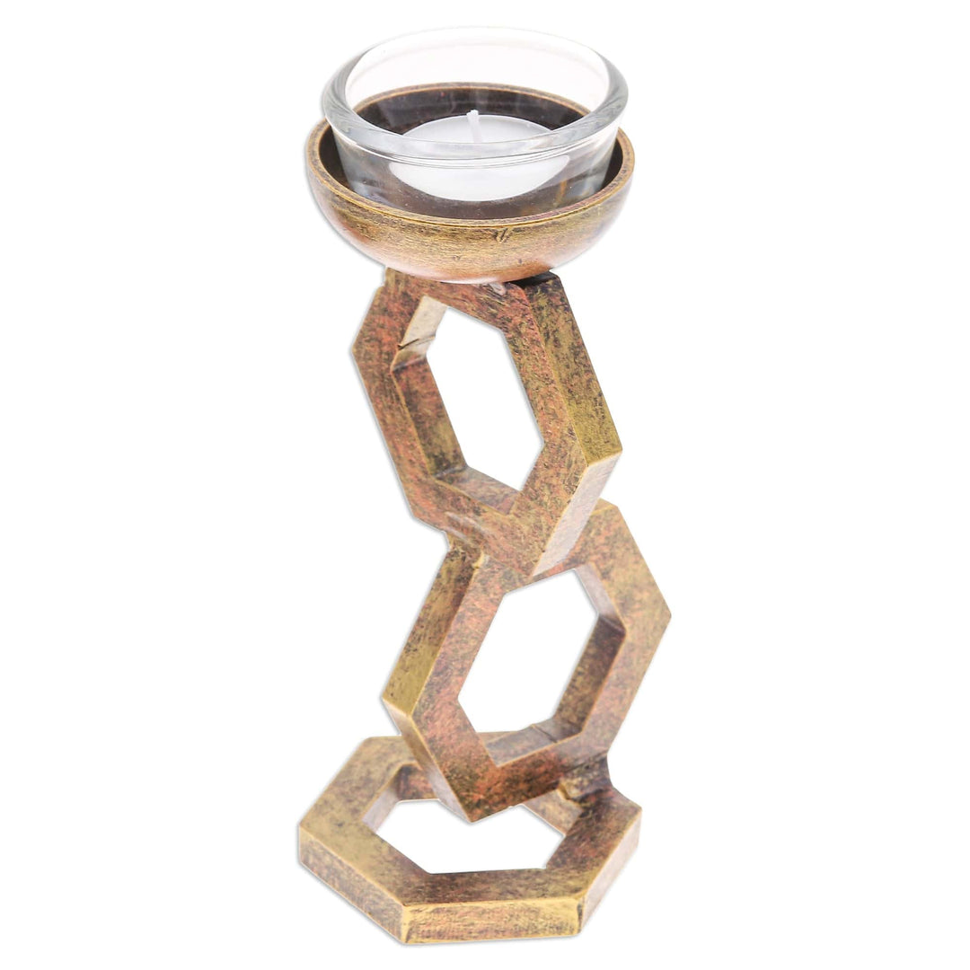 Golden-Toned Hexagonal Iron Tealight Holder from Thailand - Hexagon Light
