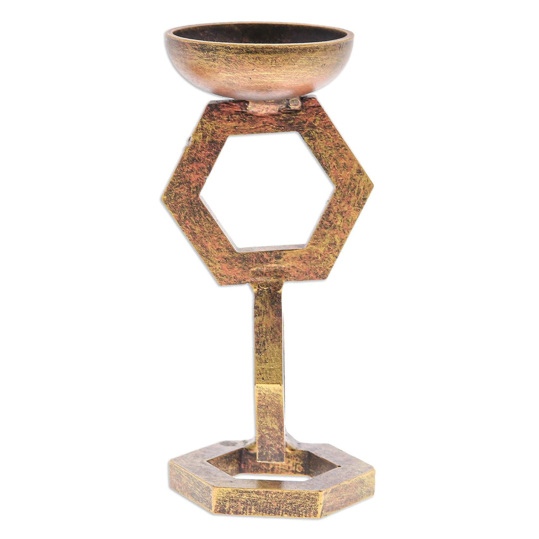Golden-Toned Hexagonal Iron Tealight Holder from Thailand - Hexagon Light