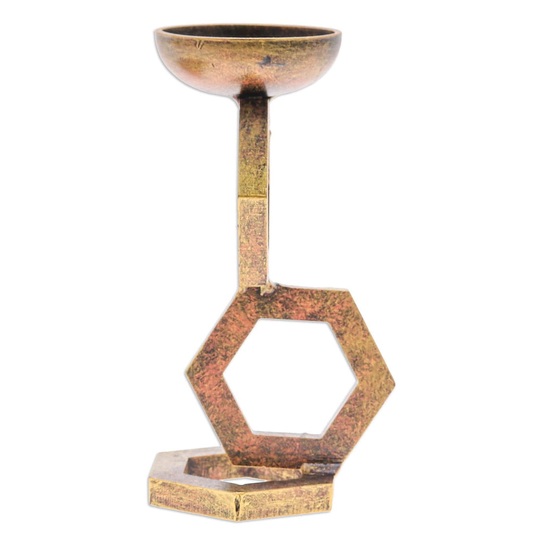Golden-Toned Hexagonal Iron Tealight Holder from Thailand - Hexagon Light