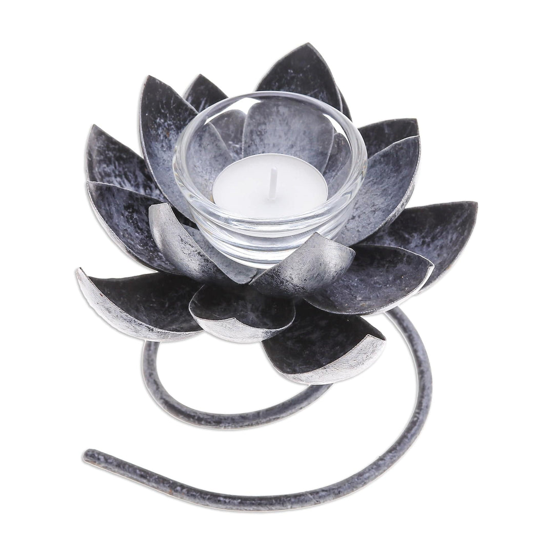 Steel & Iron Lotus Flower Tealight Holder in Silver & Black - Lotus Flame