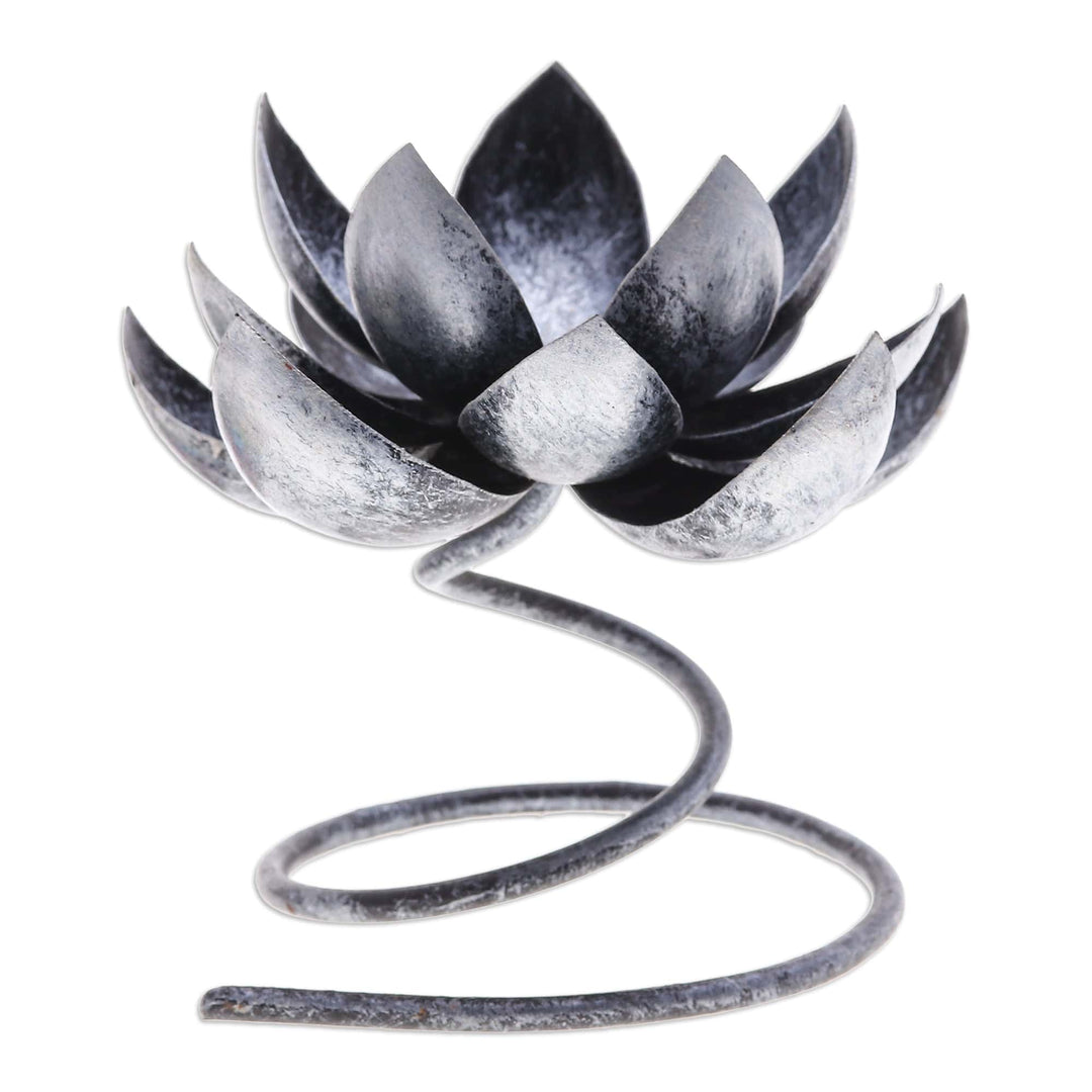 Steel & Iron Lotus Flower Tealight Holder in Silver & Black - Lotus Flame