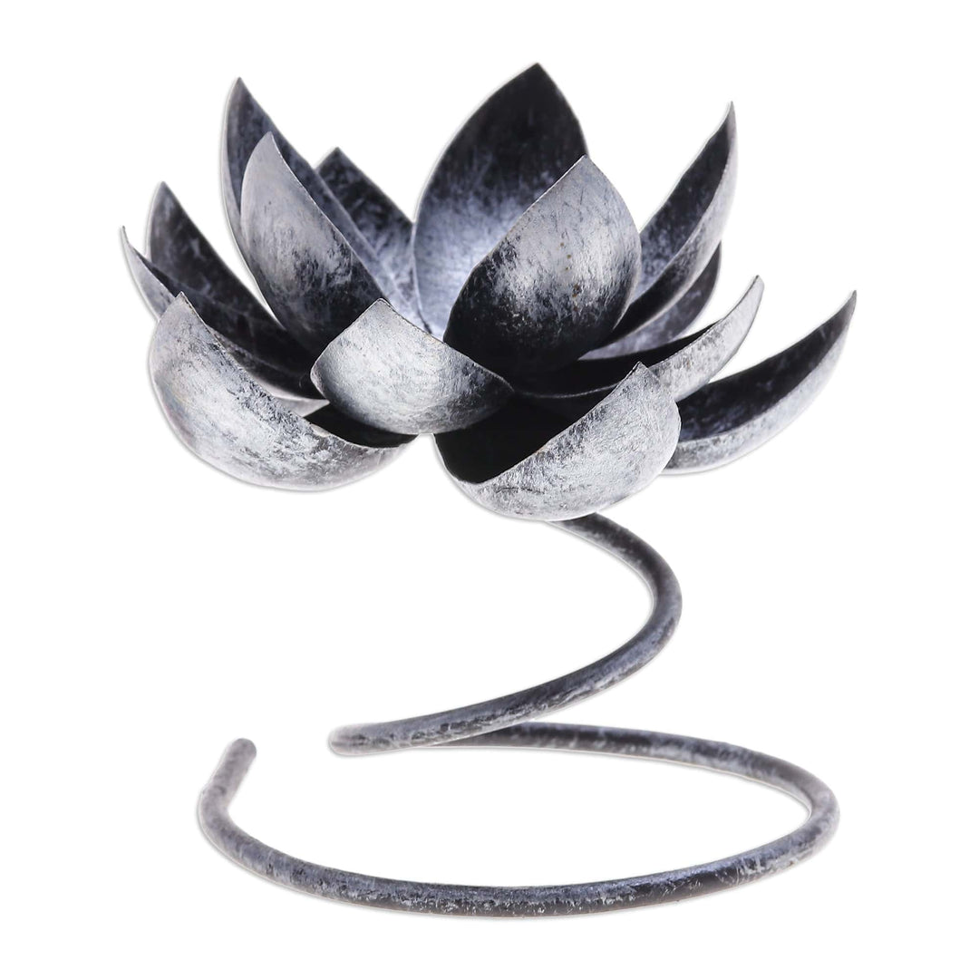 Steel & Iron Lotus Flower Tealight Holder in Silver & Black - Lotus Flame