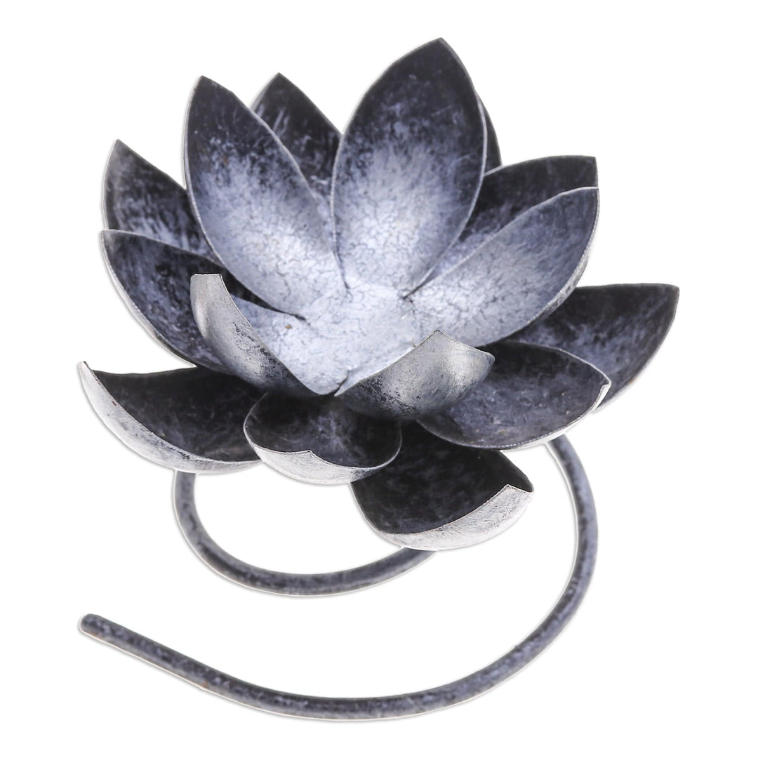 Steel & Iron Lotus Flower Tealight Holder in Silver & Black - Lotus Flame