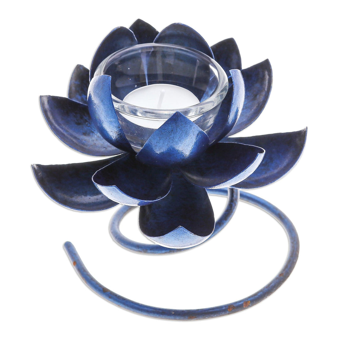 Handmade Steel & Iron Lotus Flower Tealight Holder in Blue - Lotus Flame in Blue