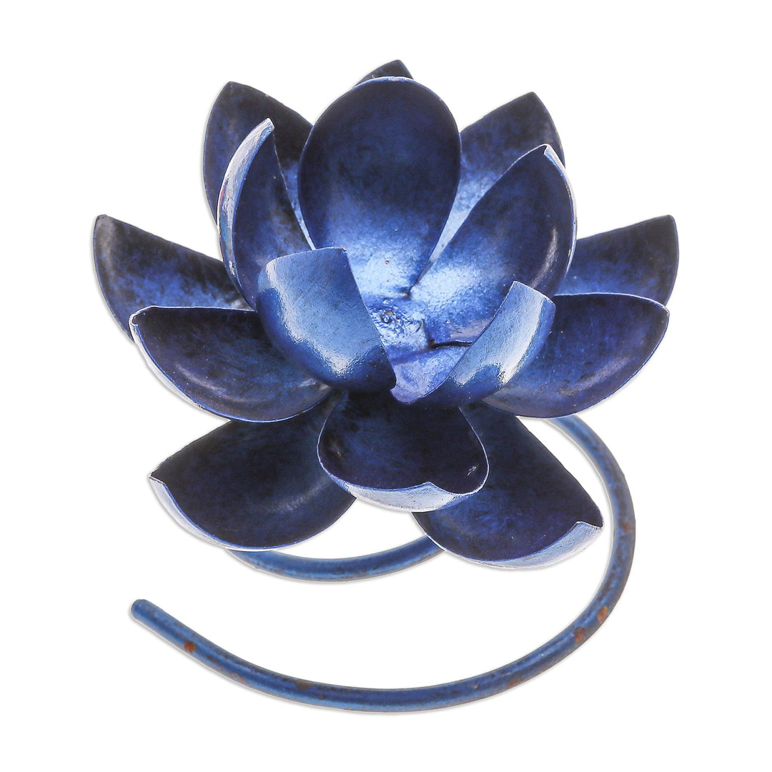 Handmade Steel & Iron Lotus Flower Tealight Holder in Blue - Lotus Flame in Blue