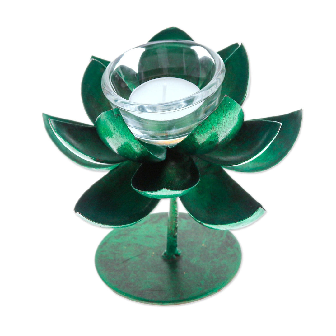 Handmade Lotus-Shaped Metallic Green Steel Tealight Holder - Lotus Benison in Green