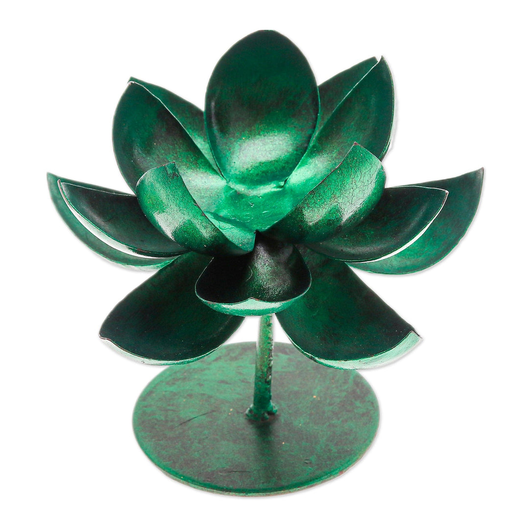 Handmade Lotus-Shaped Metallic Green Steel Tealight Holder - Lotus Benison in Green