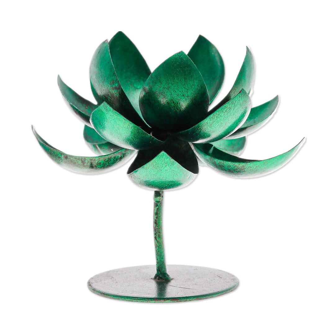 Handmade Lotus-Shaped Metallic Green Steel Tealight Holder - Lotus Benison in Green