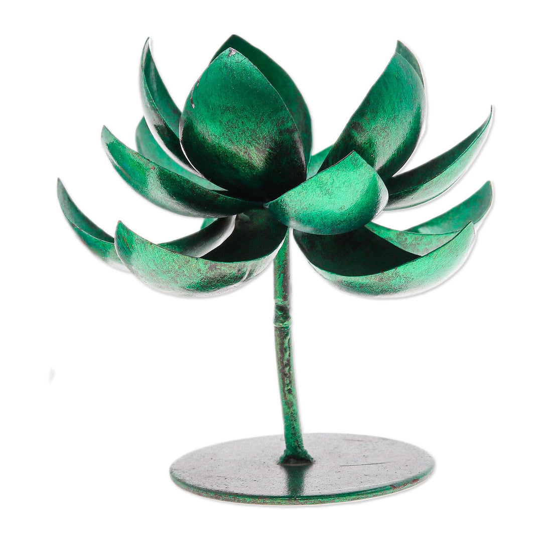 Handmade Lotus-Shaped Metallic Green Steel Tealight Holder - Lotus Benison in Green