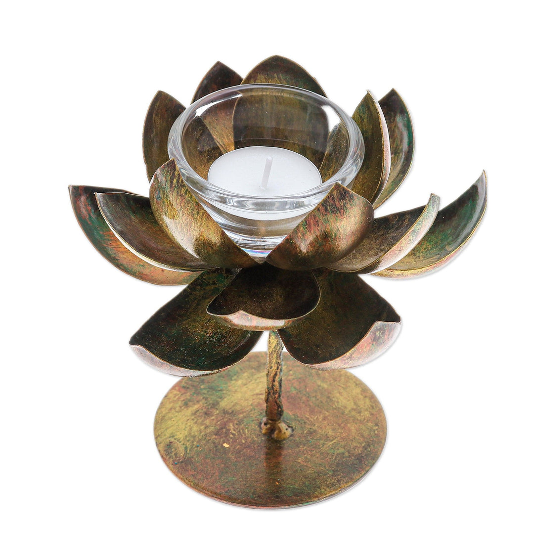Handmade Lotus-Shaped Antique Golden Steel Tealight Holder - Antique Lotus Benison