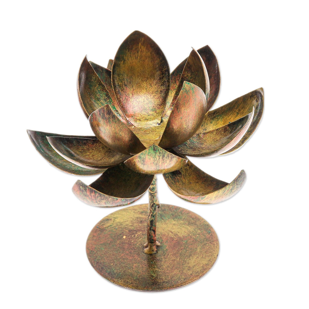 Handmade Lotus-Shaped Antique Golden Steel Tealight Holder - Antique Lotus Benison
