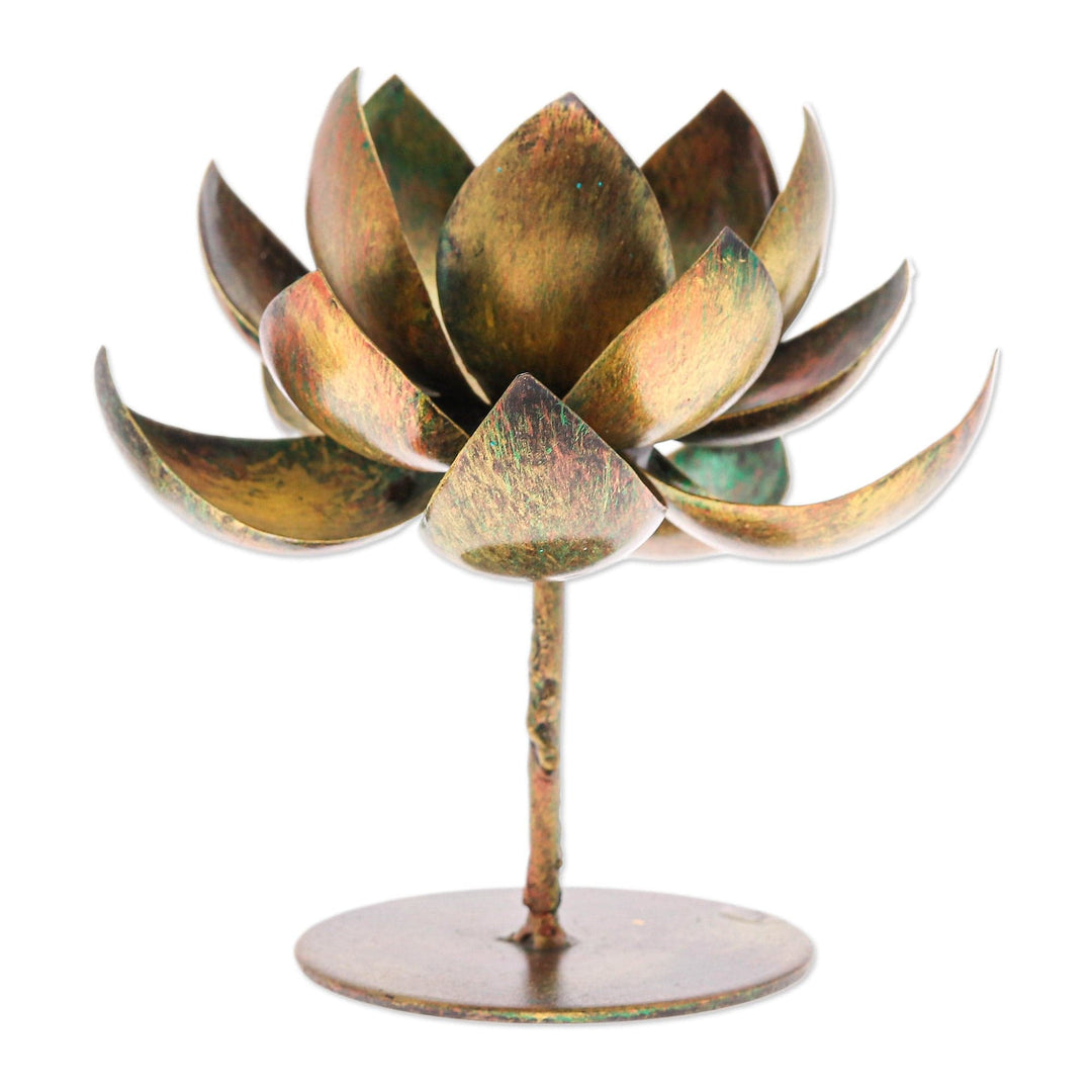 Handmade Lotus-Shaped Antique Golden Steel Tealight Holder - Antique Lotus Benison