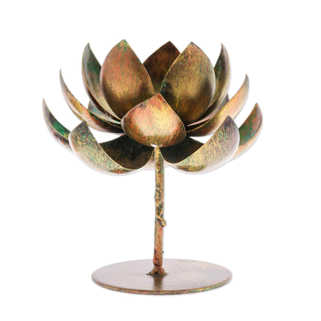 Handmade Lotus-Shaped Antique Golden Steel Tealight Holder - Antique Lotus Benison
