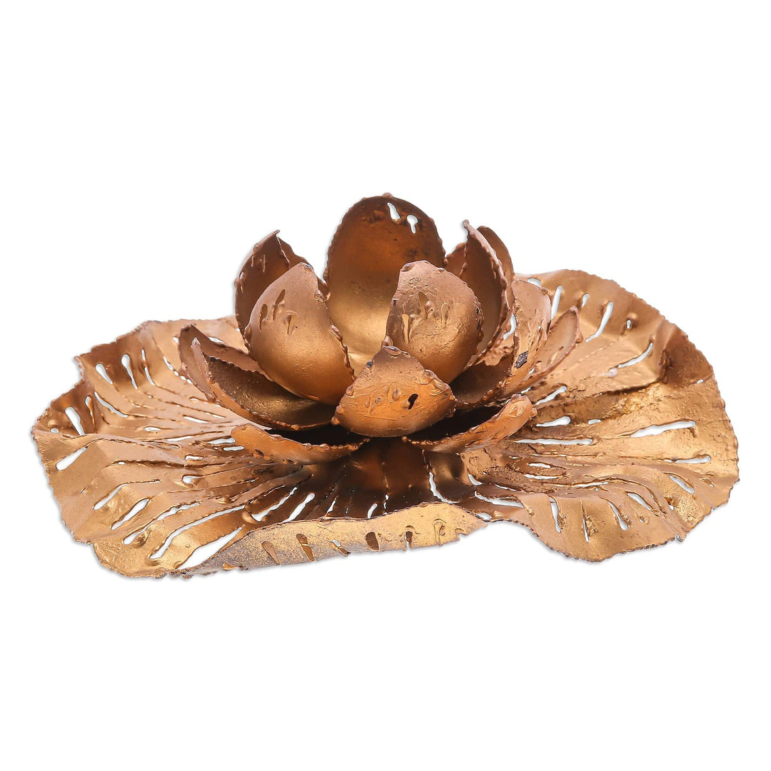 Golden-Toned Lotus-Themed Iron Tealight Candleholder - Heaven's Lotus