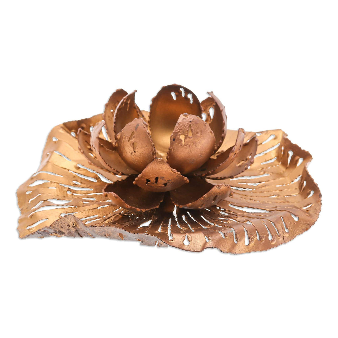 Golden-Toned Lotus-Themed Iron Tealight Candleholder - Heaven's Lotus