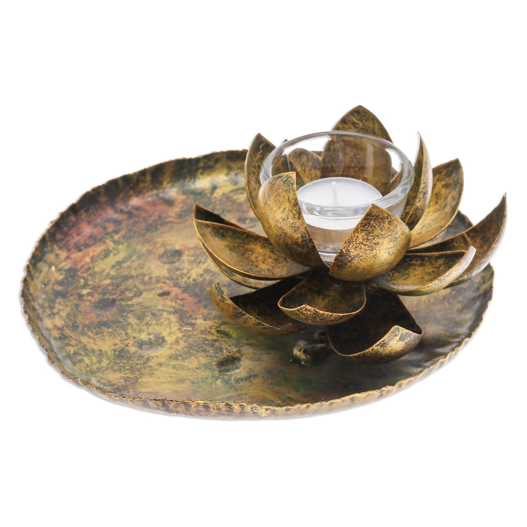 Thai Antiqued Lotus-Themed Iron Tealight Candleholder - Lotus in the Forest