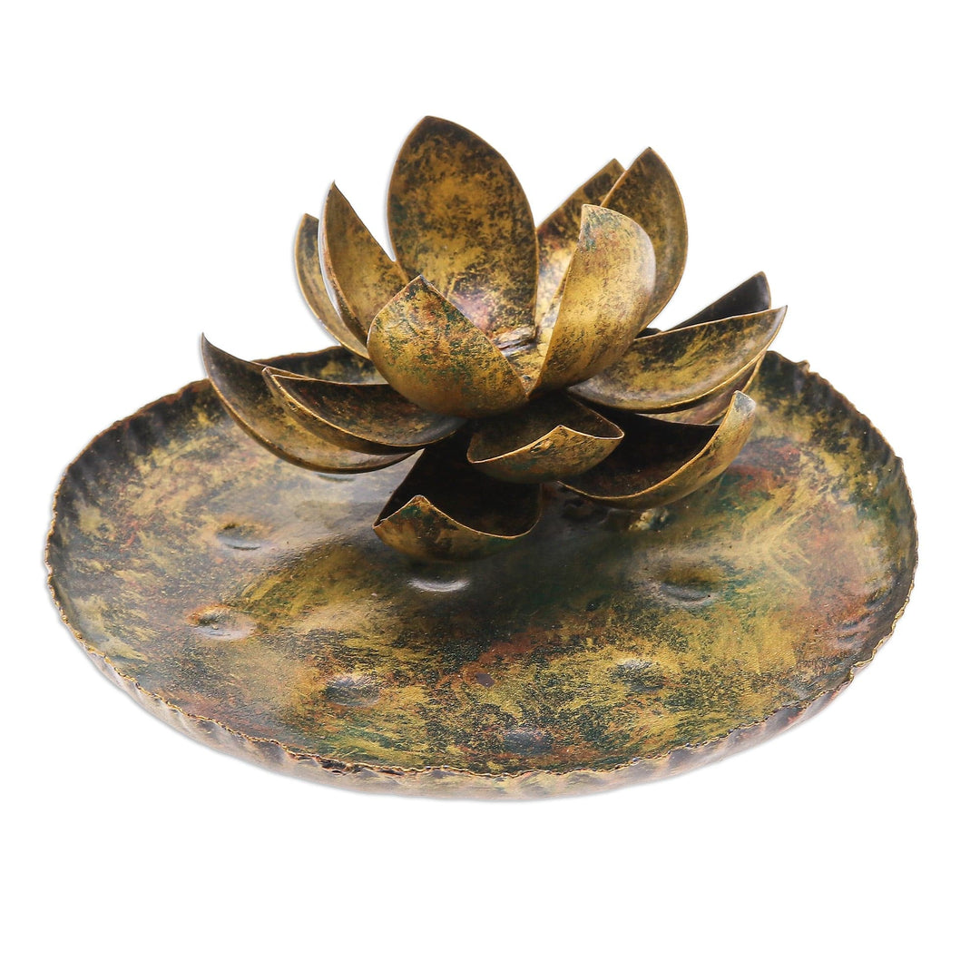 Thai Antiqued Lotus-Themed Iron Tealight Candleholder - Lotus in the Forest