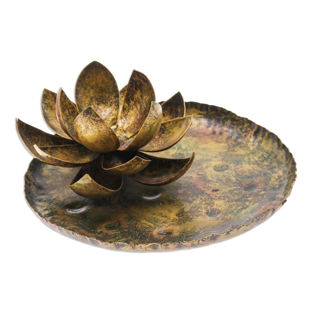 Thai Antiqued Lotus-Themed Iron Tealight Candleholder - Lotus in the Forest
