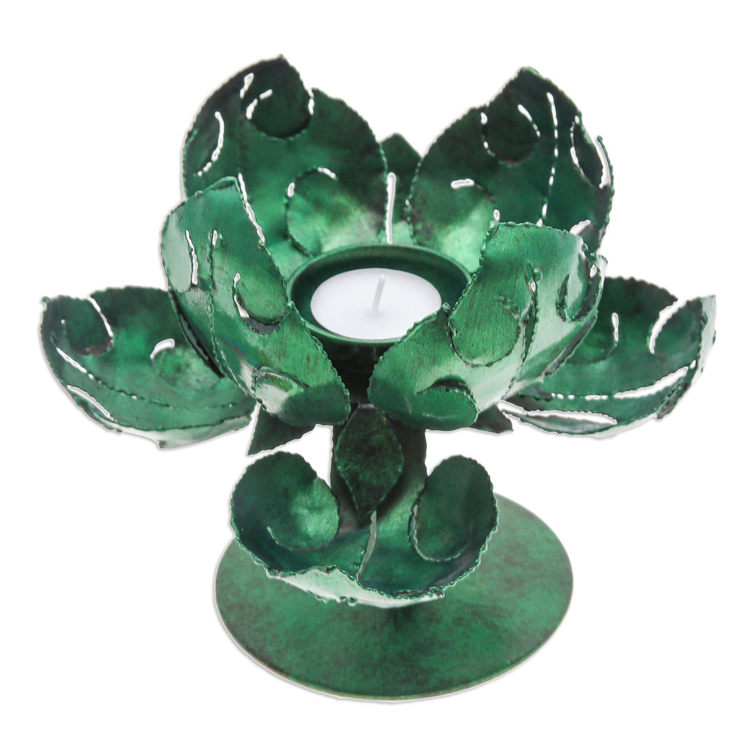 Green Lotus-Themed Iron Tealight Candleholder from Thailand - Vitality Lotus