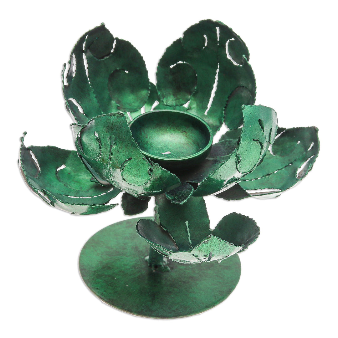 Green Lotus-Themed Iron Tealight Candleholder from Thailand - Vitality Lotus