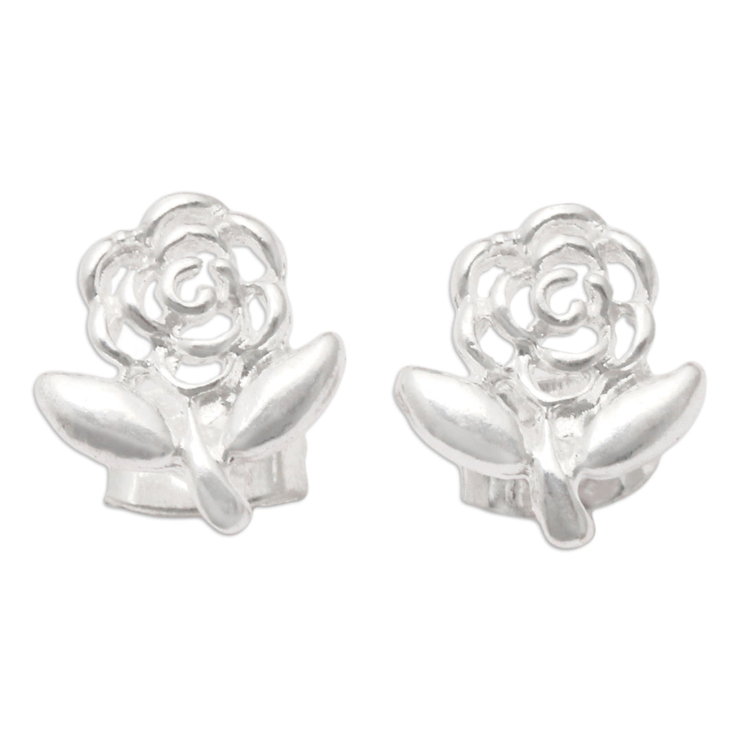 Openwork Sterling Silver Rose & Leaf Stud Earrings from Bali - Baby Rose