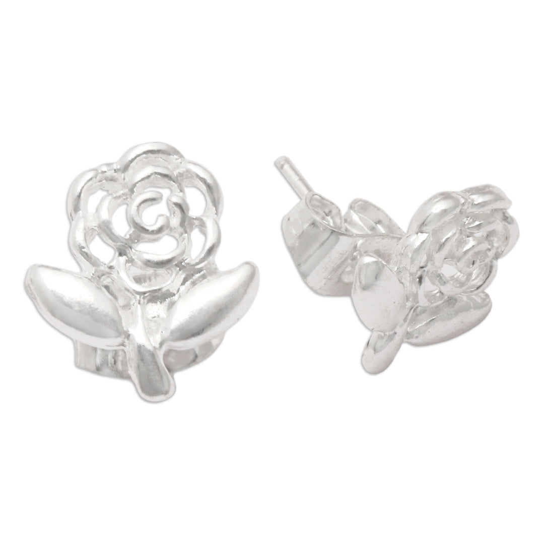 Openwork Sterling Silver Rose & Leaf Stud Earrings from Bali - Baby Rose