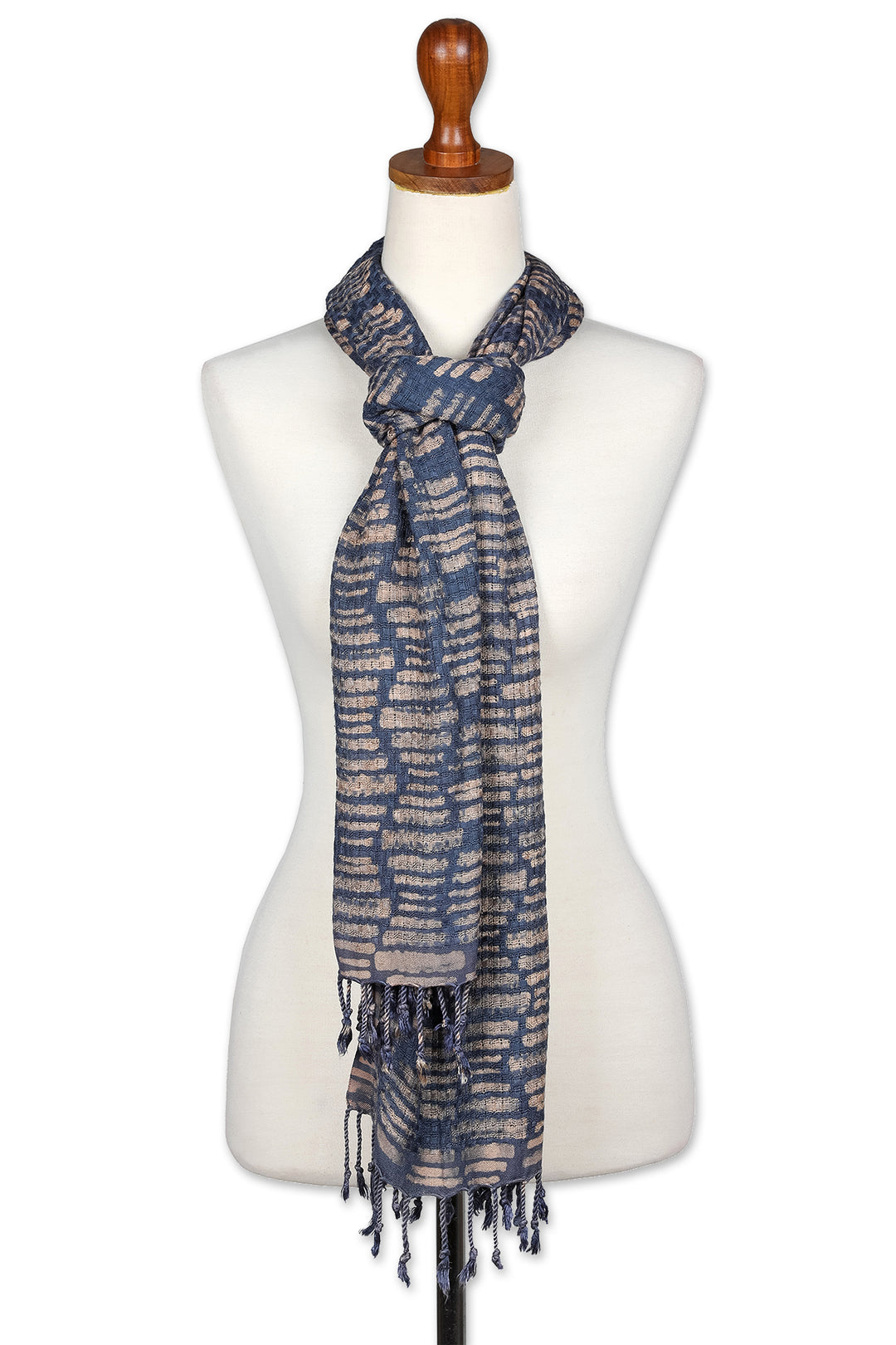 Handwoven Midnight and Brown 100% Rayon Scarf with Fringes - Midnight Mosaic