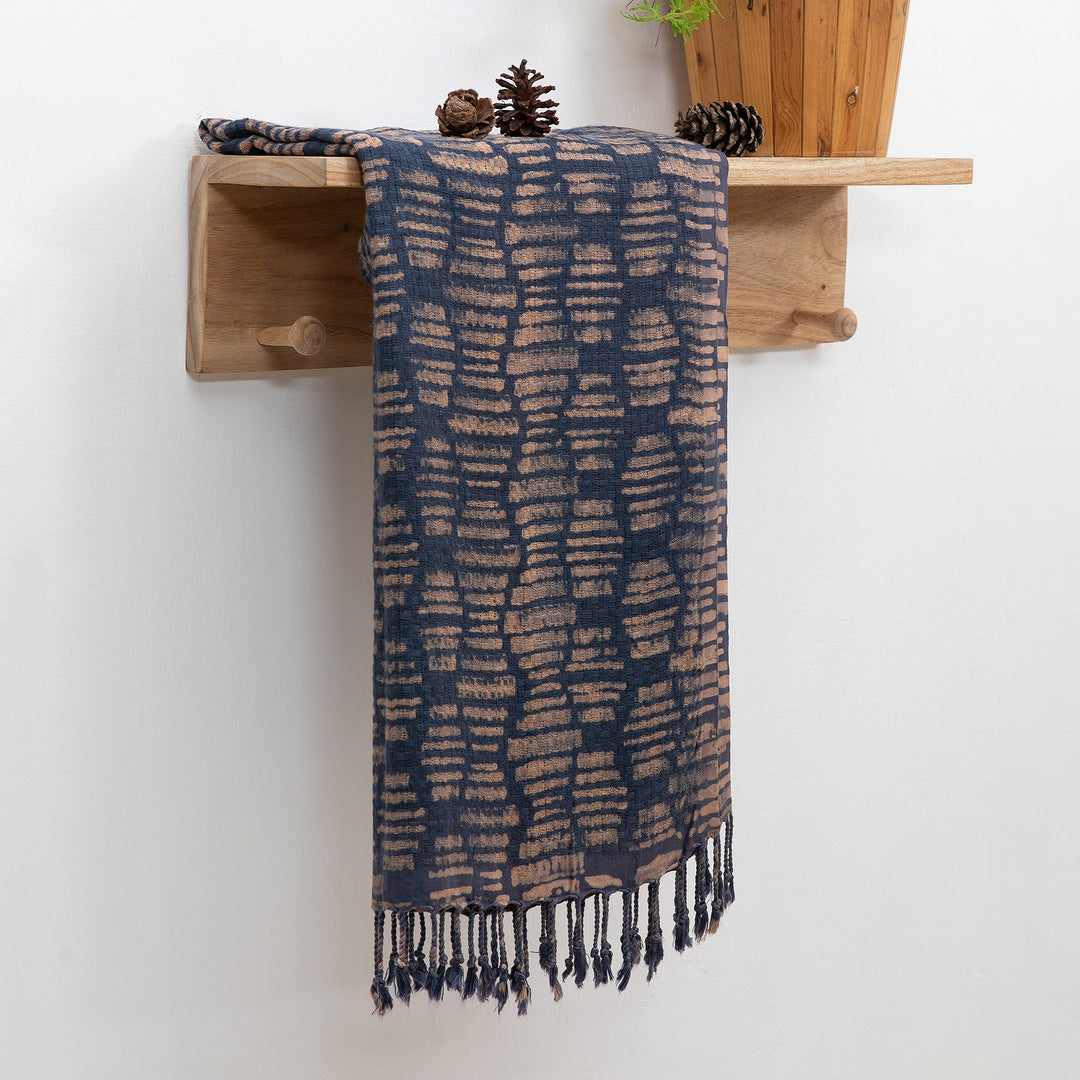 Handwoven Midnight and Brown 100% Rayon Scarf with Fringes - Midnight Mosaic