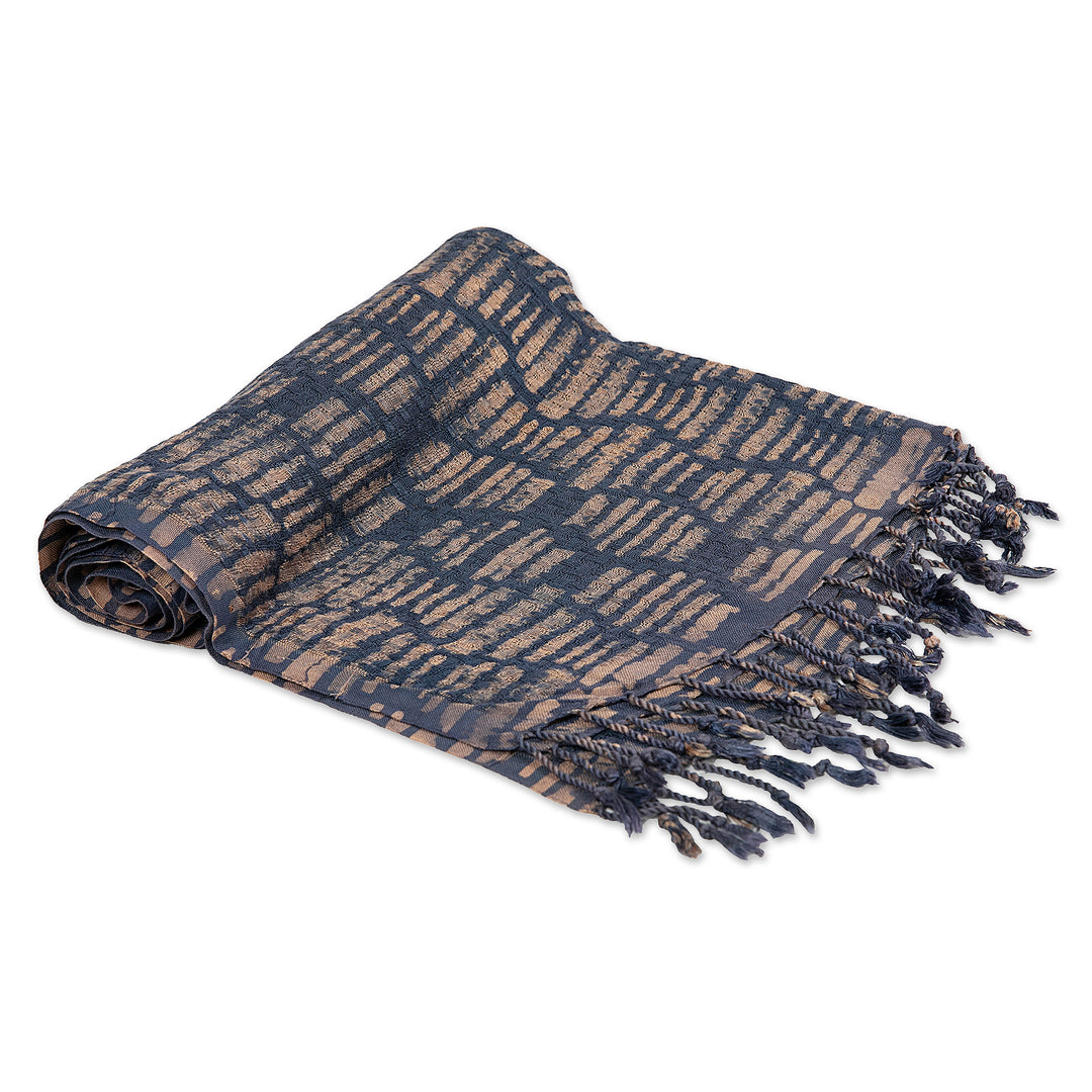 Handwoven Midnight and Brown 100% Rayon Scarf with Fringes - Midnight Mosaic