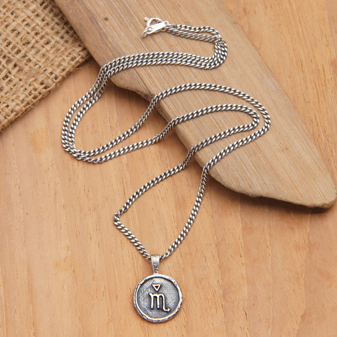 Sterling Silver Necklace with Scorpio Zodiac Sign Pendant - Scorpio Charm