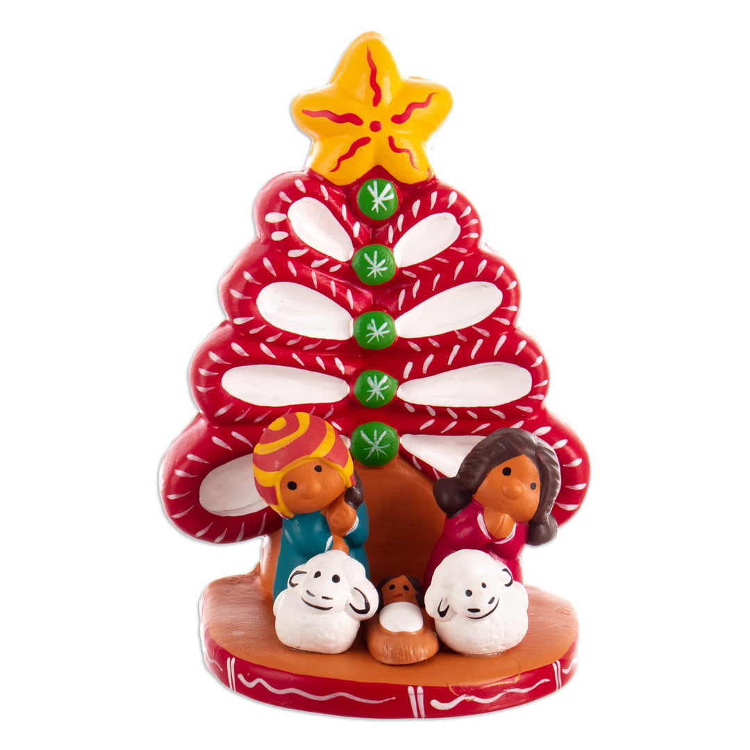 Hand-Painted Tree-Shaped Ceramic Nativity Scene in Red - Miracle Beneath the Tree
