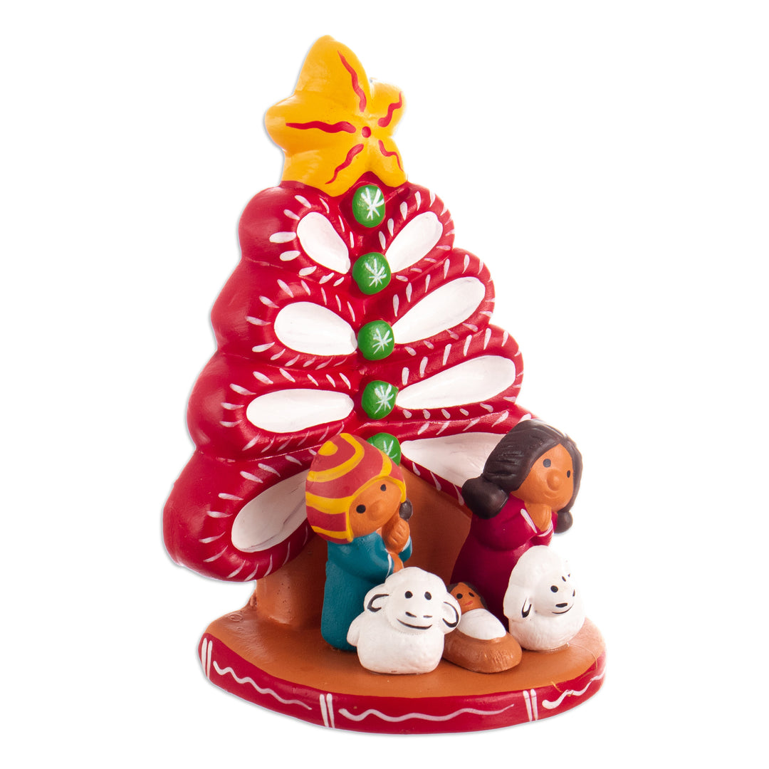 Hand-Painted Tree-Shaped Ceramic Nativity Scene in Red - Miracle Beneath the Tree