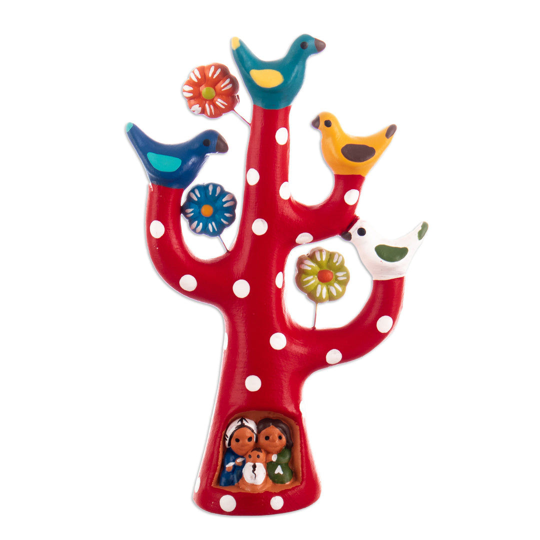Hand-Painted Tree-Shaped Floral Ceramic Sculpture in Red - The Vibrant Tree Family