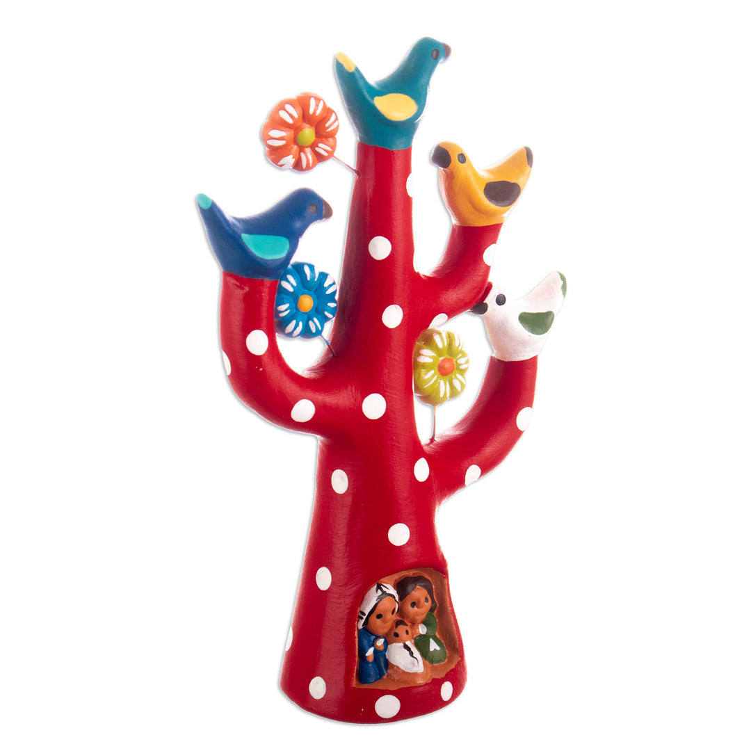 Hand-Painted Tree-Shaped Floral Ceramic Sculpture in Red - The Vibrant Tree Family