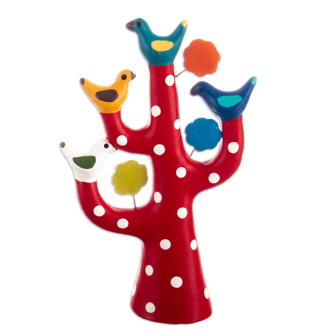 Hand-Painted Tree-Shaped Floral Ceramic Sculpture in Red - The Vibrant Tree Family