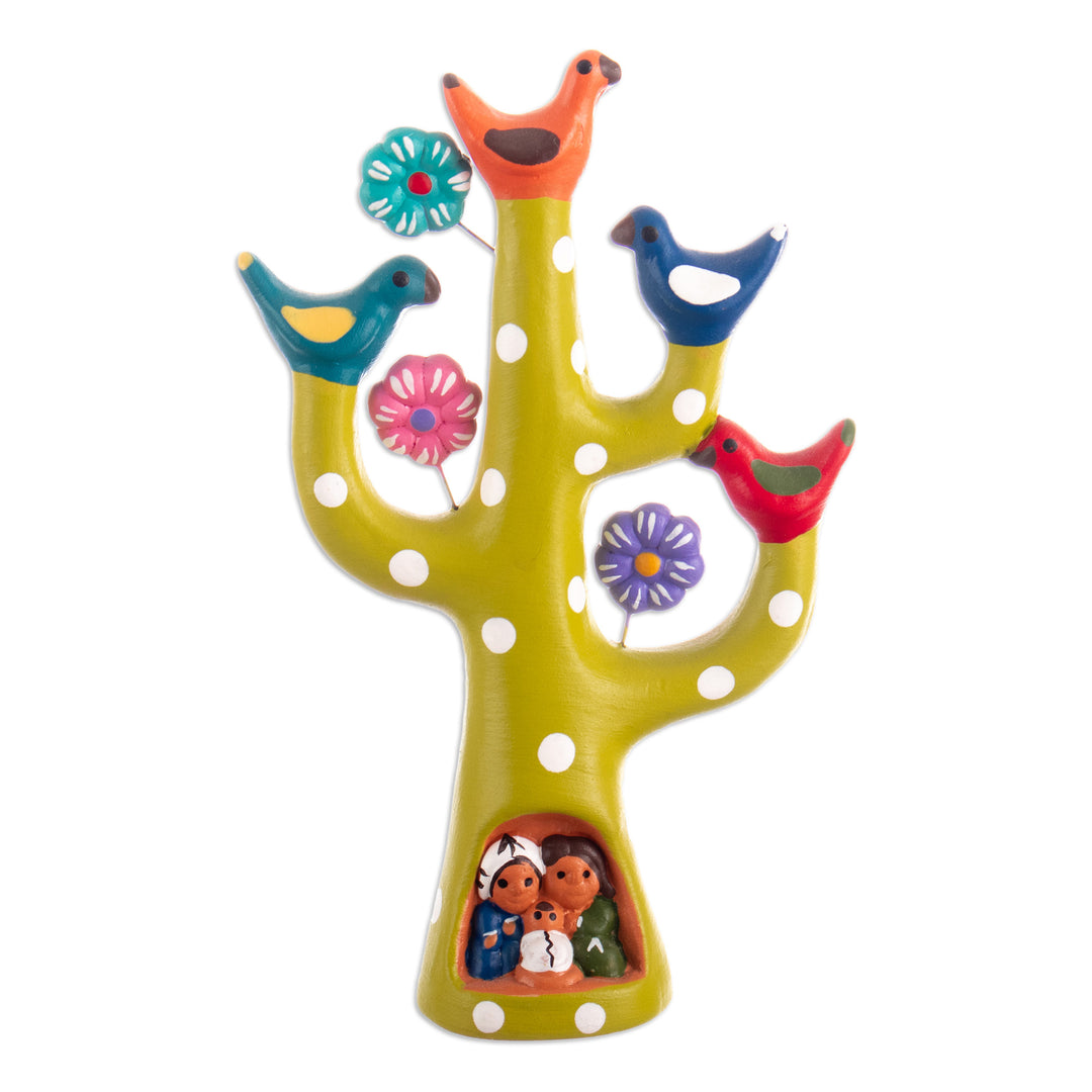 Hand-Painted Tree-Shaped Floral Ceramic Sculpture in Green - The Joyful Tree Family