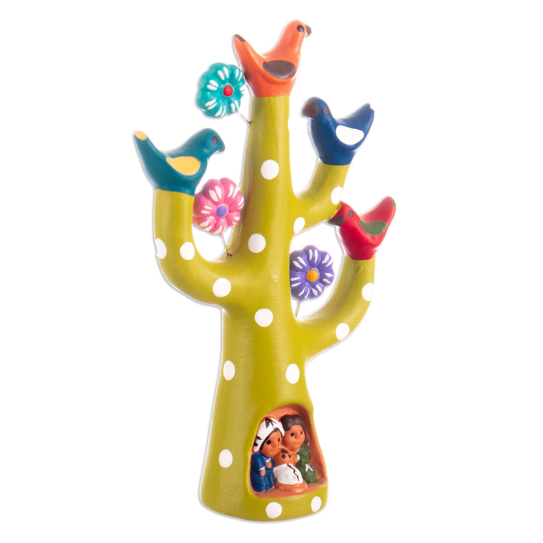 Hand-Painted Tree-Shaped Floral Ceramic Sculpture in Green - The Joyful Tree Family