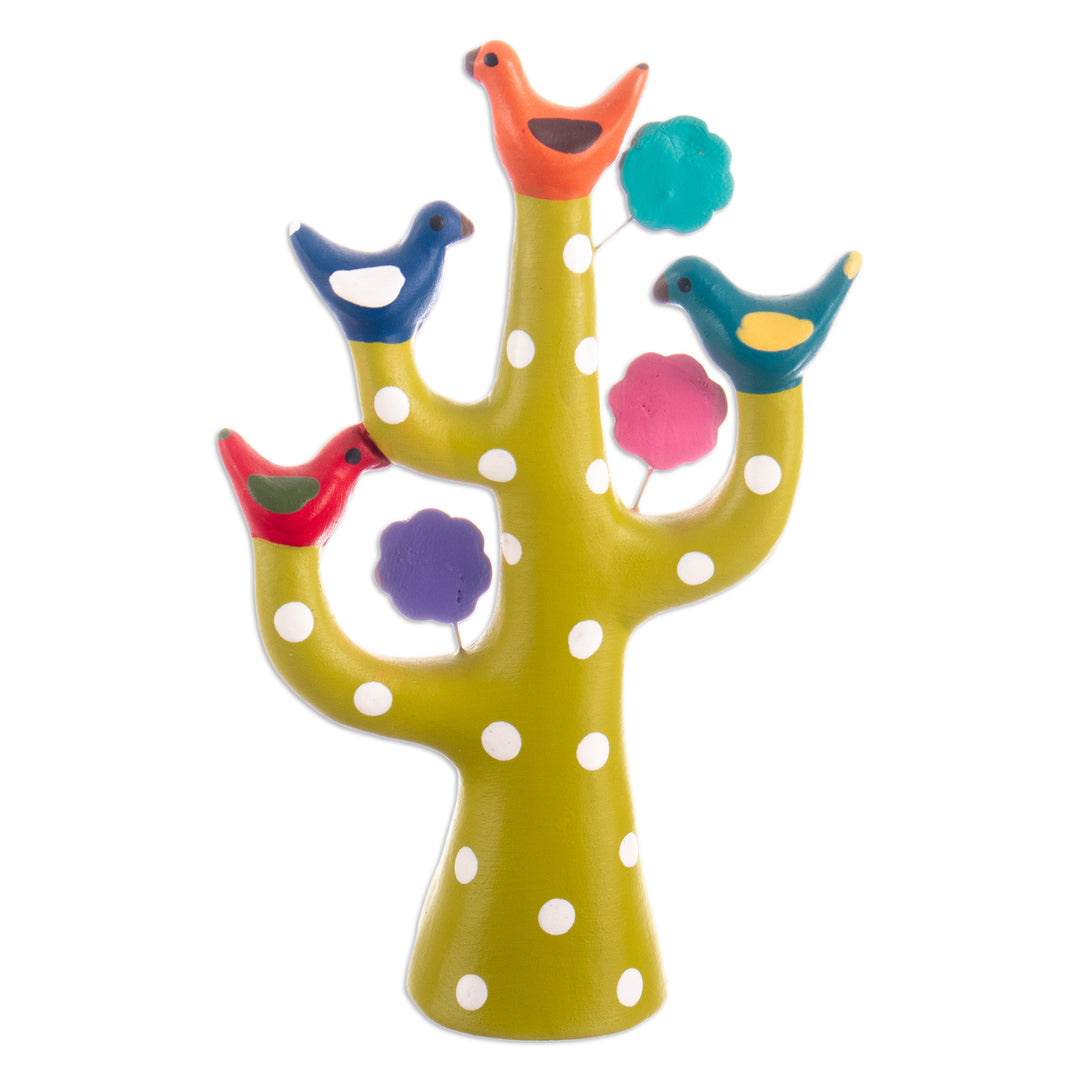 Hand-Painted Tree-Shaped Floral Ceramic Sculpture in Green - The Joyful Tree Family