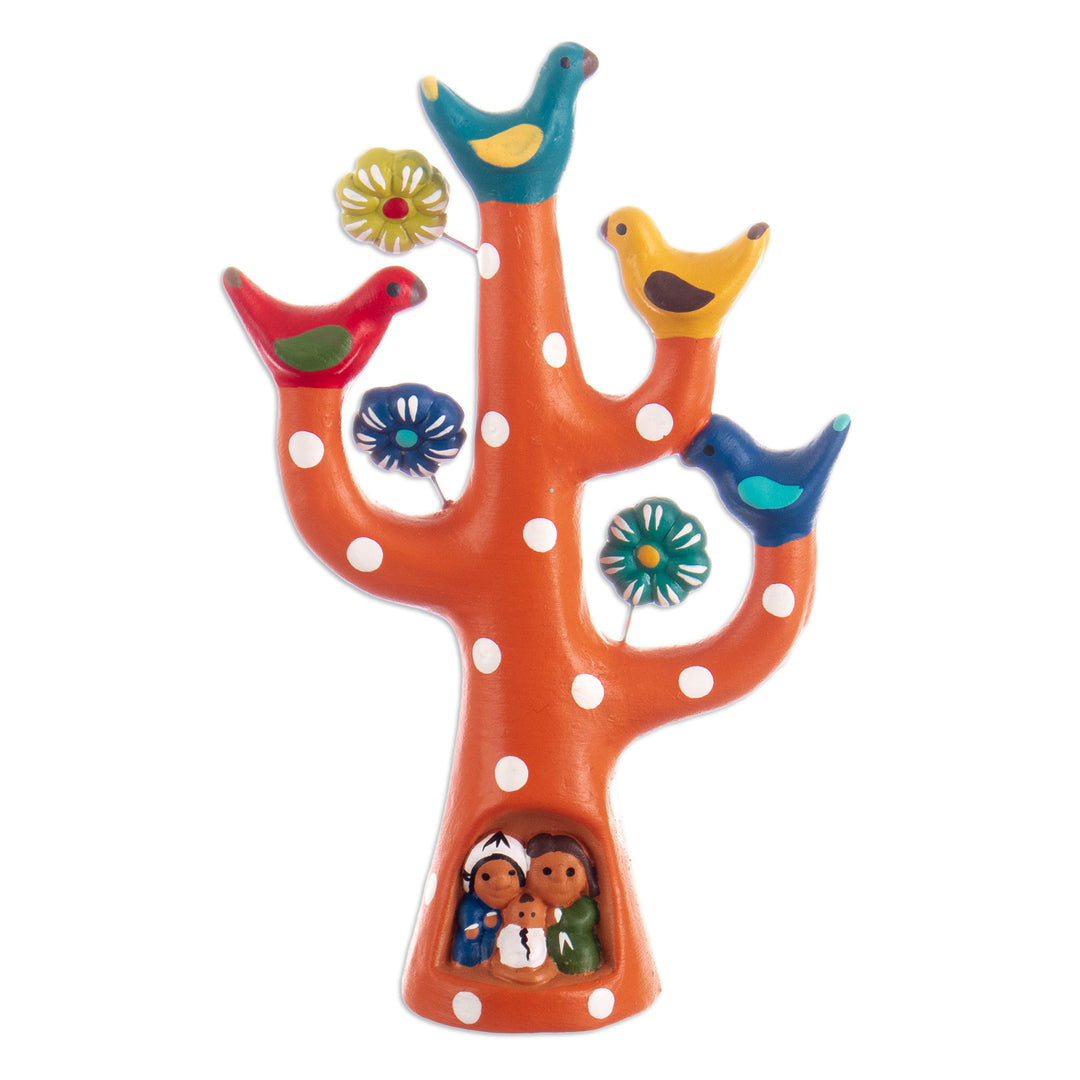 Hand-Painted Tree-Shaped Floral Ceramic Sculpture in Orange - The Charming Tree Family