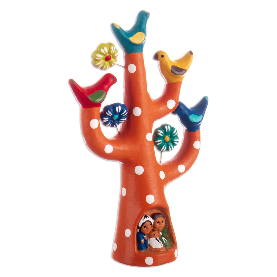 Hand-Painted Tree-Shaped Floral Ceramic Sculpture in Orange - The Charming Tree Family