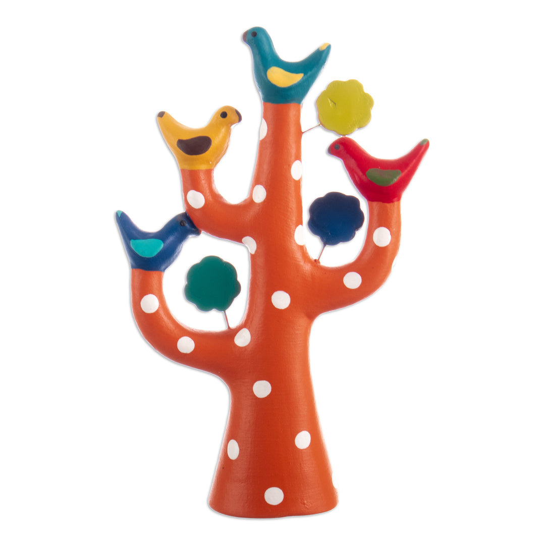 Hand-Painted Tree-Shaped Floral Ceramic Sculpture in Orange - The Charming Tree Family