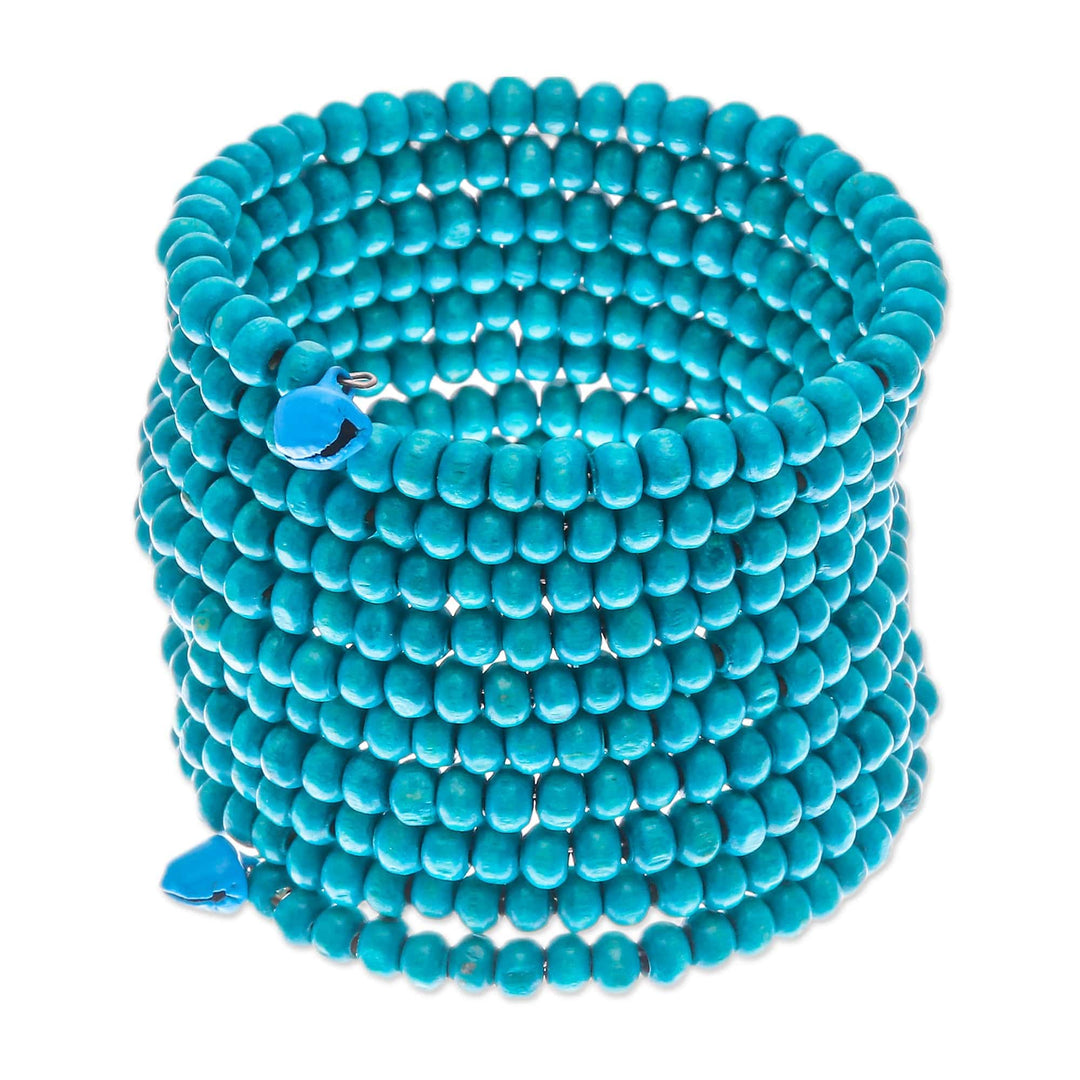 Turquoise Wood Beaded Wrap Bracelet with Bells (2 In) - Turquoise Spin