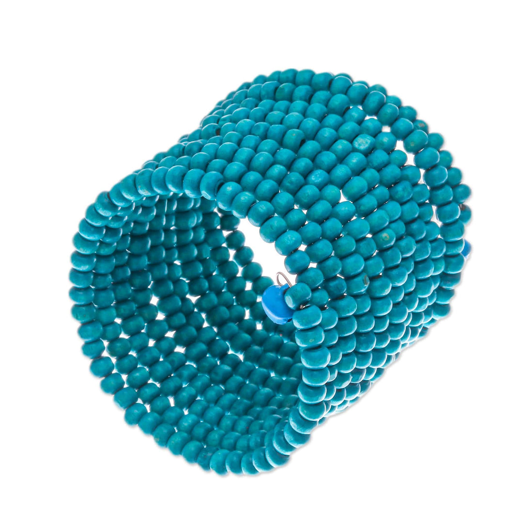 Turquoise Wood Beaded Wrap Bracelet with Bells (2 In) - Turquoise Spin