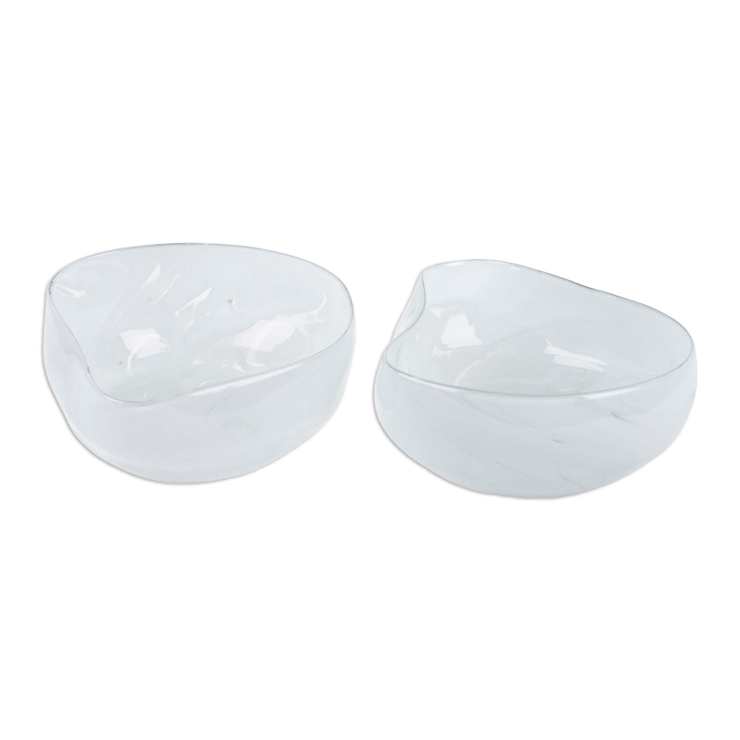 Pair of White Handblown Glass Dessert Bowls from Mexico - Heavenly Flavors